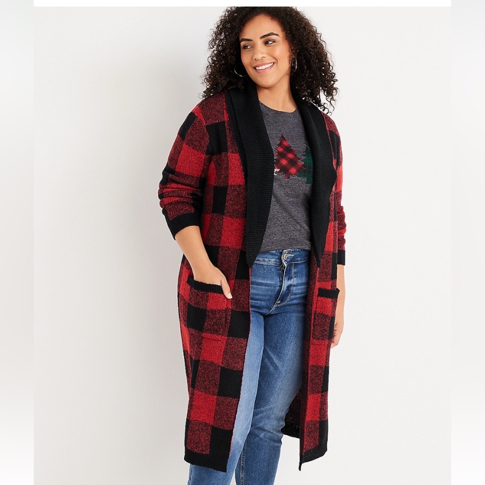 Maurices Black and Red Buffalo Plaid Cardigan Sweater